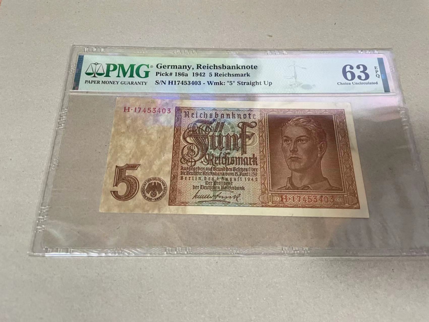 【Blue Auction】✨世界纸币精拍第261期——神功皇后 德国 1942年5马克 PMG63EPQ 