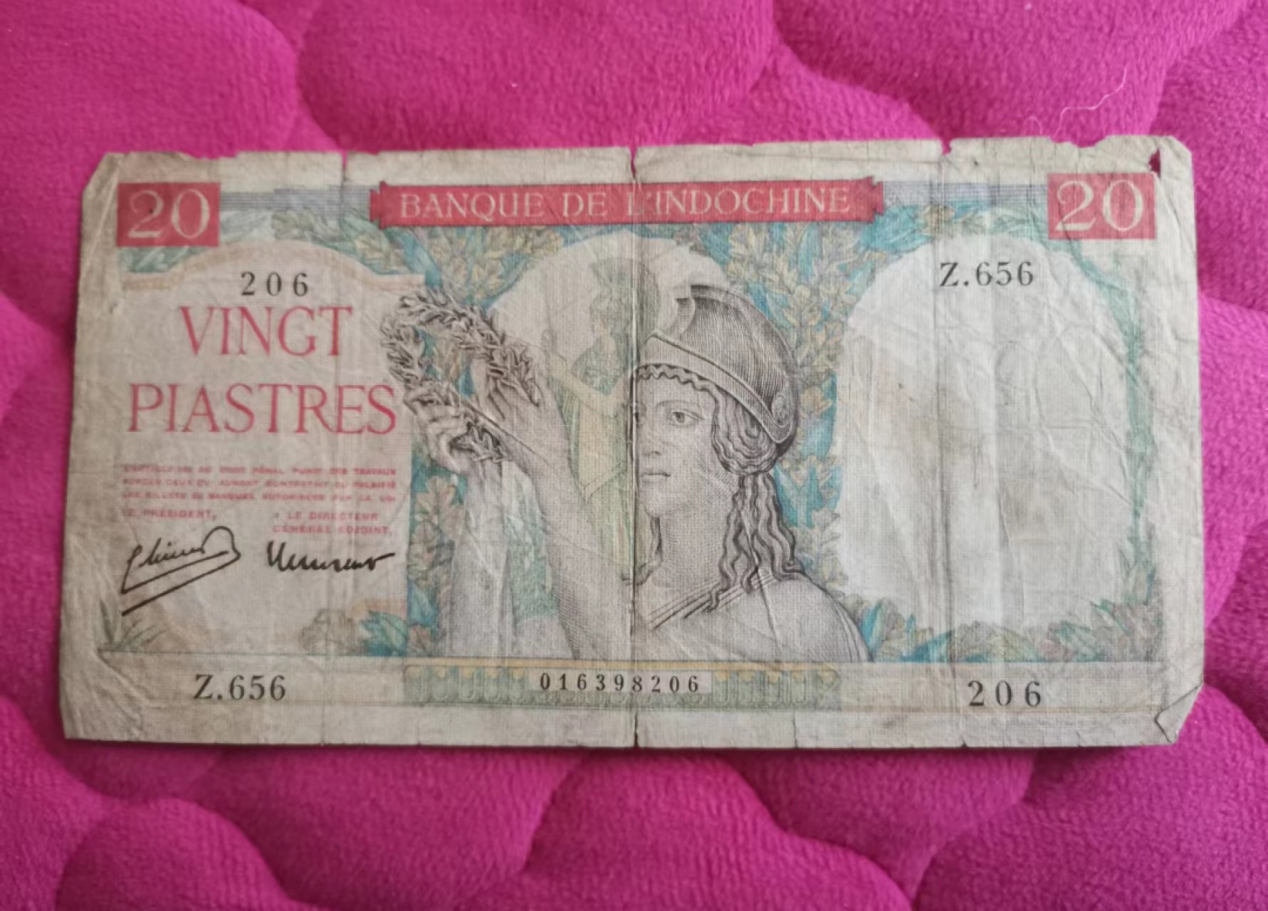 世家收藏第十八期“世界杯”号邮票钱币专场（自动截拍） 【汉字币】法属印度支那（东方汇理银行）1936～1939年版20元（20皮阿斯特）纸钞 充分流通品相