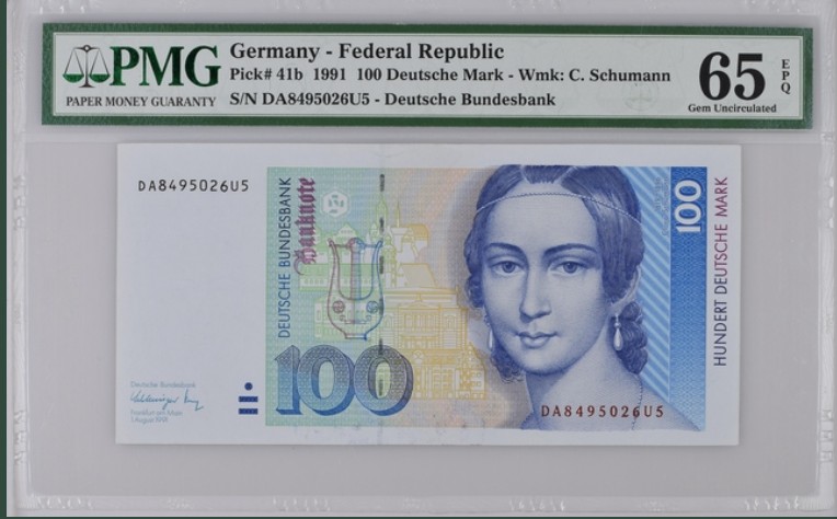 收藏联盟Quantum Auction 第215期拍卖 德国联邦1991年100马克 PMG65 钢琴家克拉拉