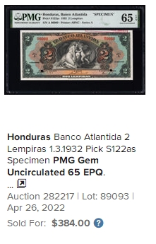 【Blue Auction】✨世界纸币精拍第261期——神功皇后 洪都拉斯 1932年2伦皮拉 执剑女神经典  剑顶端印的朱红色油墨恰如其分似鲜血 PMG66EPQ 高分样钞