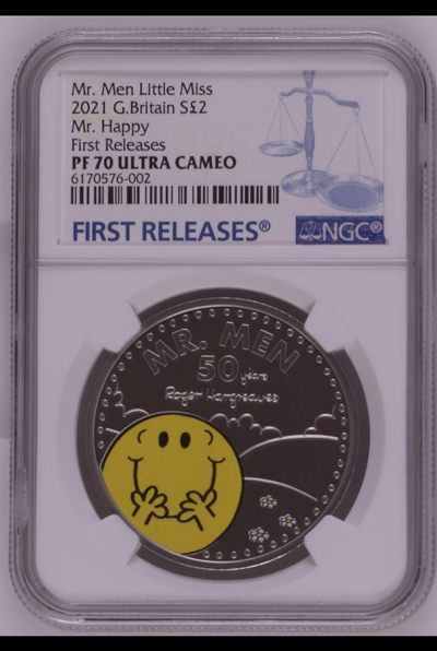 收藏联盟Quantum Auction 第215期拍卖 - 英国2021年2英镑 NGC PF70UC 满分级别 首发蓝标 Mr.Men Little Miss系列 阳光小姐姐彩色精制银币 