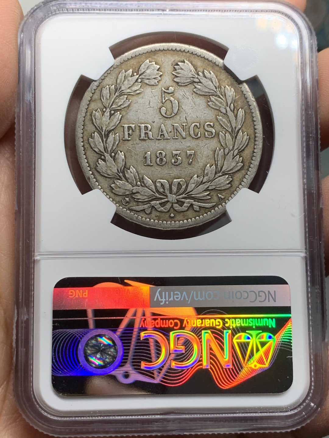 《竞宝斋》第121场-周日，周一 ，2场连拍（全场包邮） NGC-VF35 法国1837年 菲利普一世 5法郎大银币 原味好品