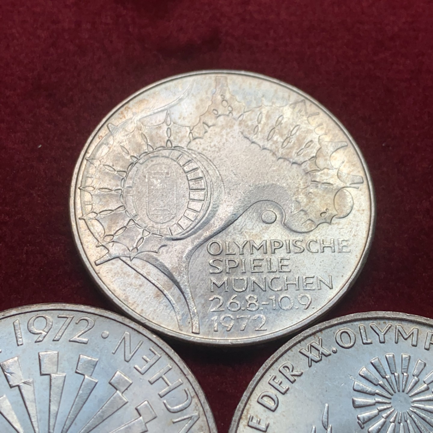 《竞宝斋》第121场-周日，周一 ，2场连拍（全场包邮） 德国1972年慕尼黑奥运会纪念10马克银币一组3枚 单枚重量15.5克