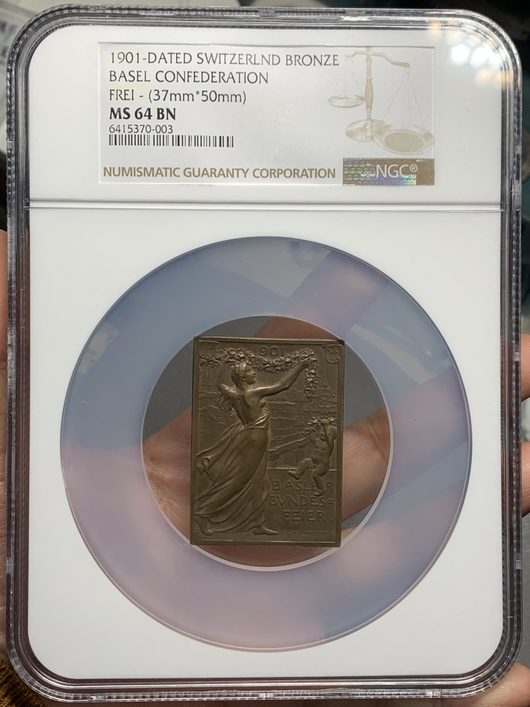 《竞宝斋》第121场-周日，周一 ，2场连拍（全场包邮） NGC大盒 MS64 瑞士1901年 巴塞尔自治 纪念大铜章
