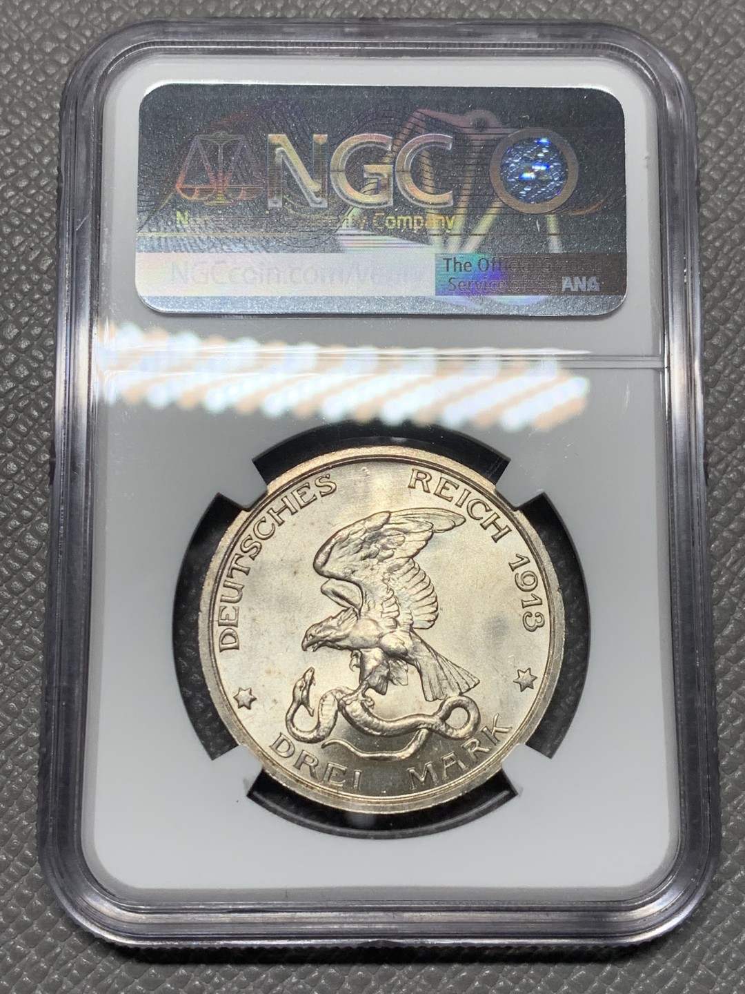 《竞宝斋》第121场-周日，周一 ，2场连拍（全场包邮） NGC-MS63 德国普鲁士 1913年 普法战争纪念 3马克银币 原光好品