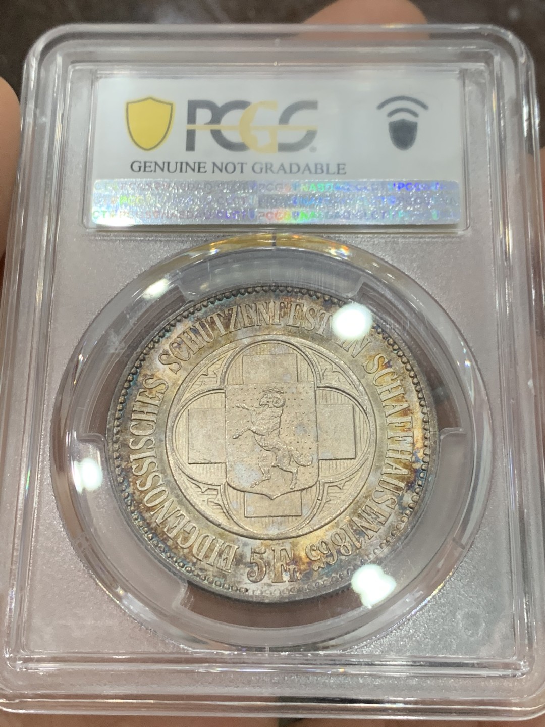 《竞宝斋》第121场-周日，周一 ，2场连拍（全场包邮） PCGS UNC 瑞士1865年 沙夫豪森狩猎节大银币 彩的无以复加 太好看了，色迷心窍的感觉 见图见视频