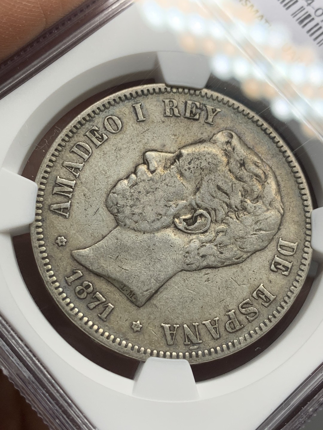 《竞宝斋》第121场-周日，周一 ，2场连拍（全场包邮） NGC-XF45 西班牙1871年 阿玛德欧老头像 5比塞塔双柱银币 原味好品