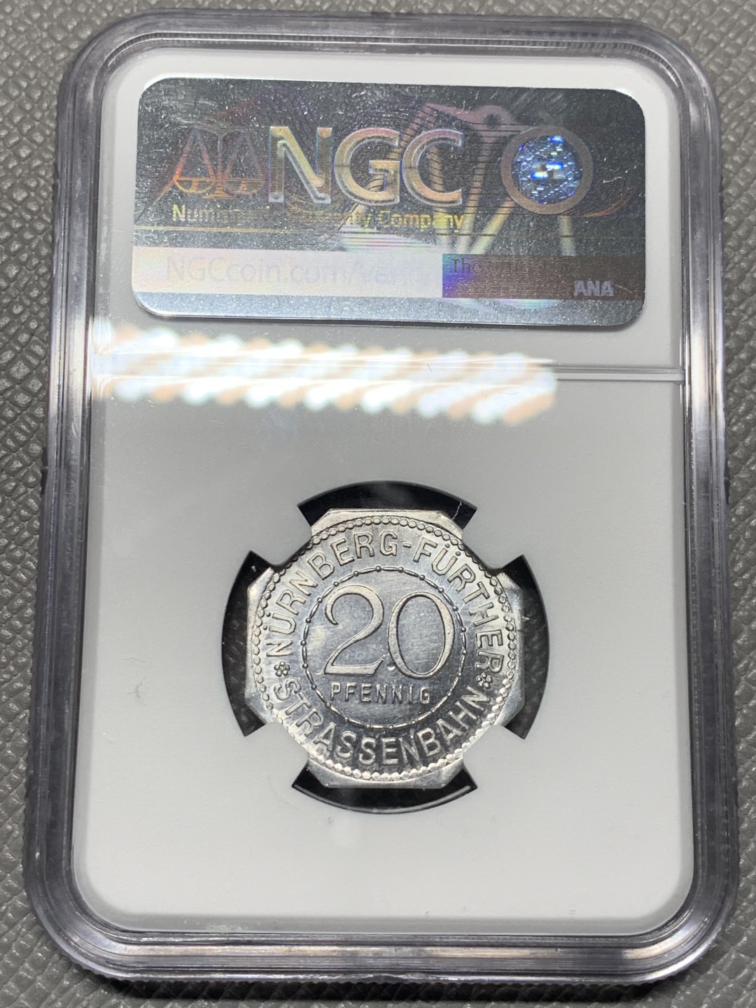 《竞宝斋》第121场-周日，周一 ，2场连拍（全场包邮） NGC-MS64 德国紧急状态货币 1920年纽伦堡八角电车代币 经典设计