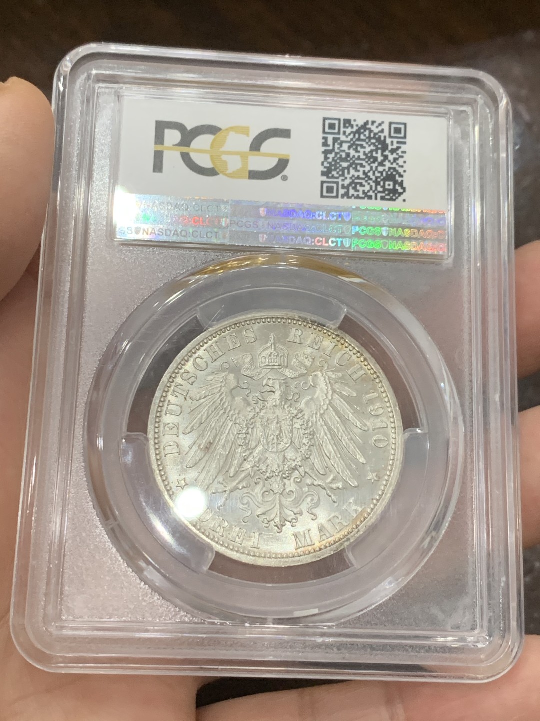 《竞宝斋》第121场-周日，周一 ，2场连拍（全场包邮） PCGS-MS64 德国 1910年 萨克森魏玛艾森纳二婚三马克 略带五彩 收藏品相