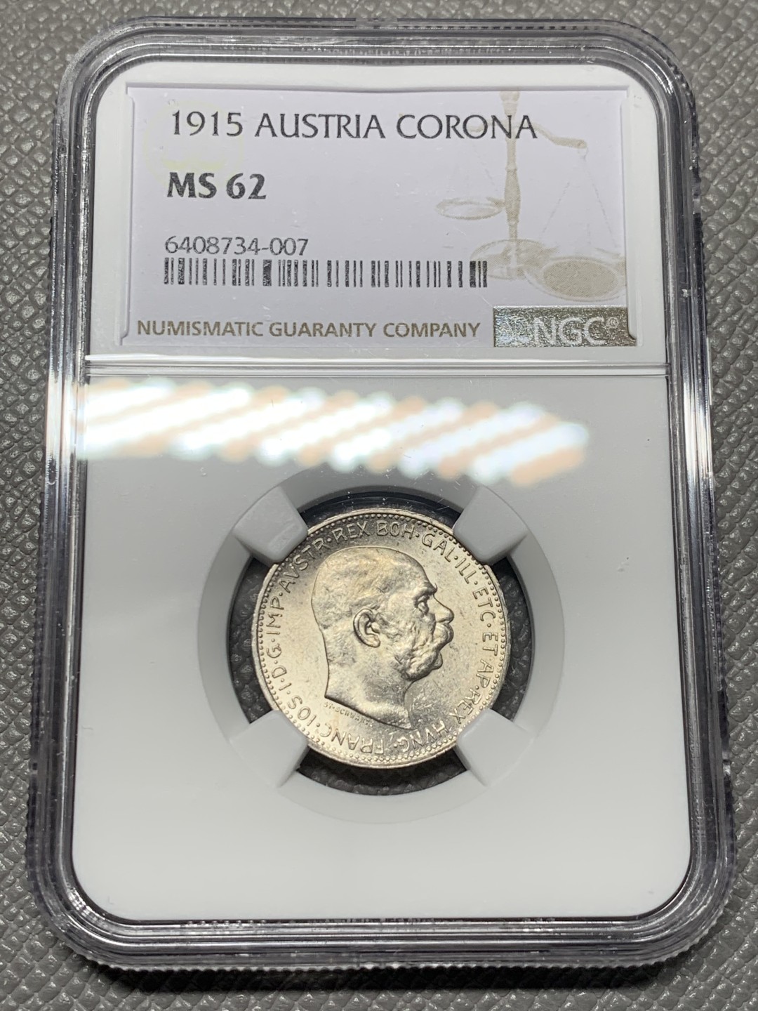 《竞宝斋》第121场-周日，周一 ，2场连拍（全场包邮） NGC-MS62 奥地利1915年 佛兰茨 1克朗银币 原光好品