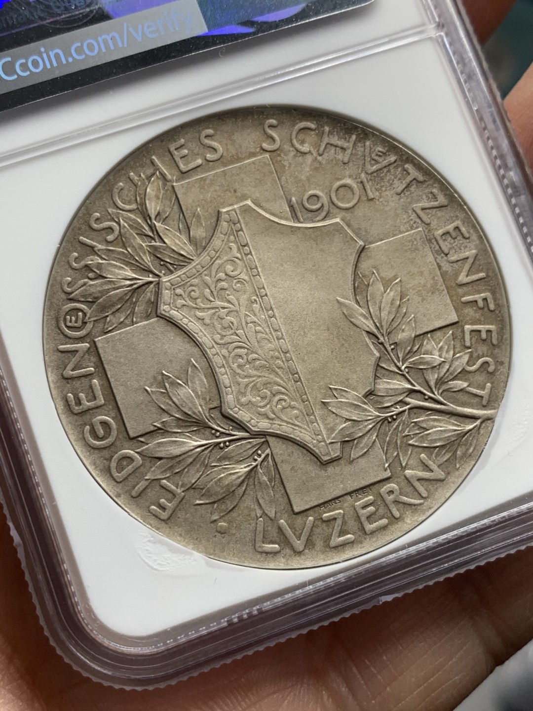 《竞宝斋》第121场-周日，周一 ，2场连拍（全场包邮） NGC MS62 瑞士1901 卢塞尔射击节银章 状态非常好的一枚