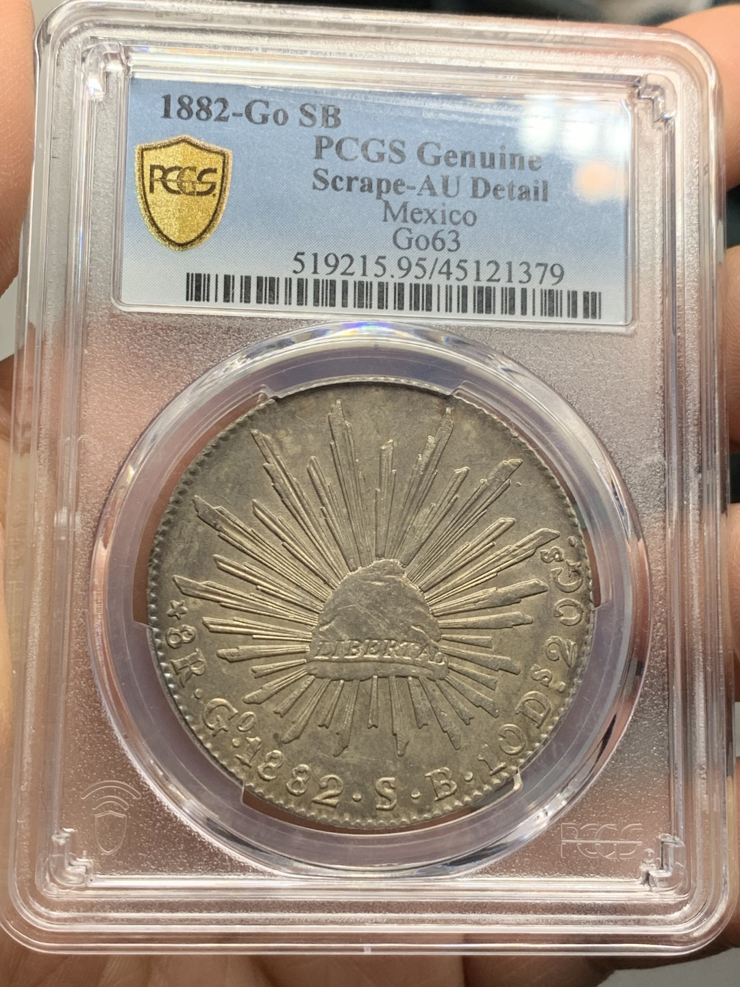 《竞宝斋》第121场-周日，周一 ，2场连拍（全场包邮） PCGS AUD  墨西哥 1882年 瓜纳华托 GO SB版 花边鹰洋，老包浆