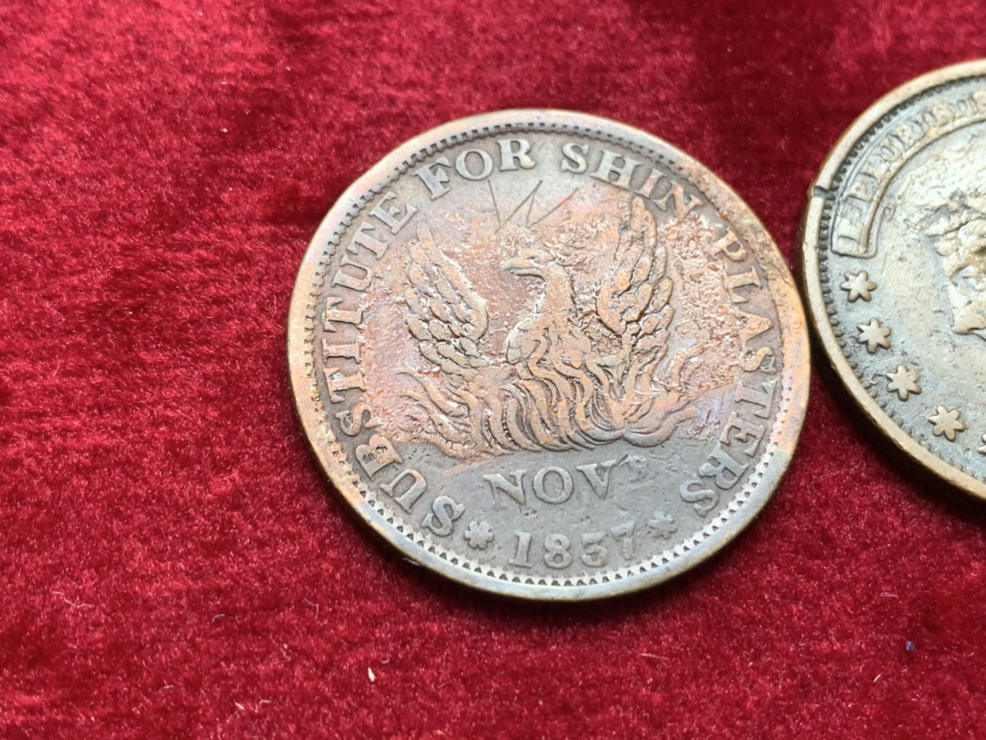 《竞宝斋》第121场-周日，周一 ，2场连拍（全场包邮） 美国代币一对 1837年 艰难时代 代用币 TOKEN非常 厚重，1837作为美国第一次大萧条的首年 细节见图 轻微不平