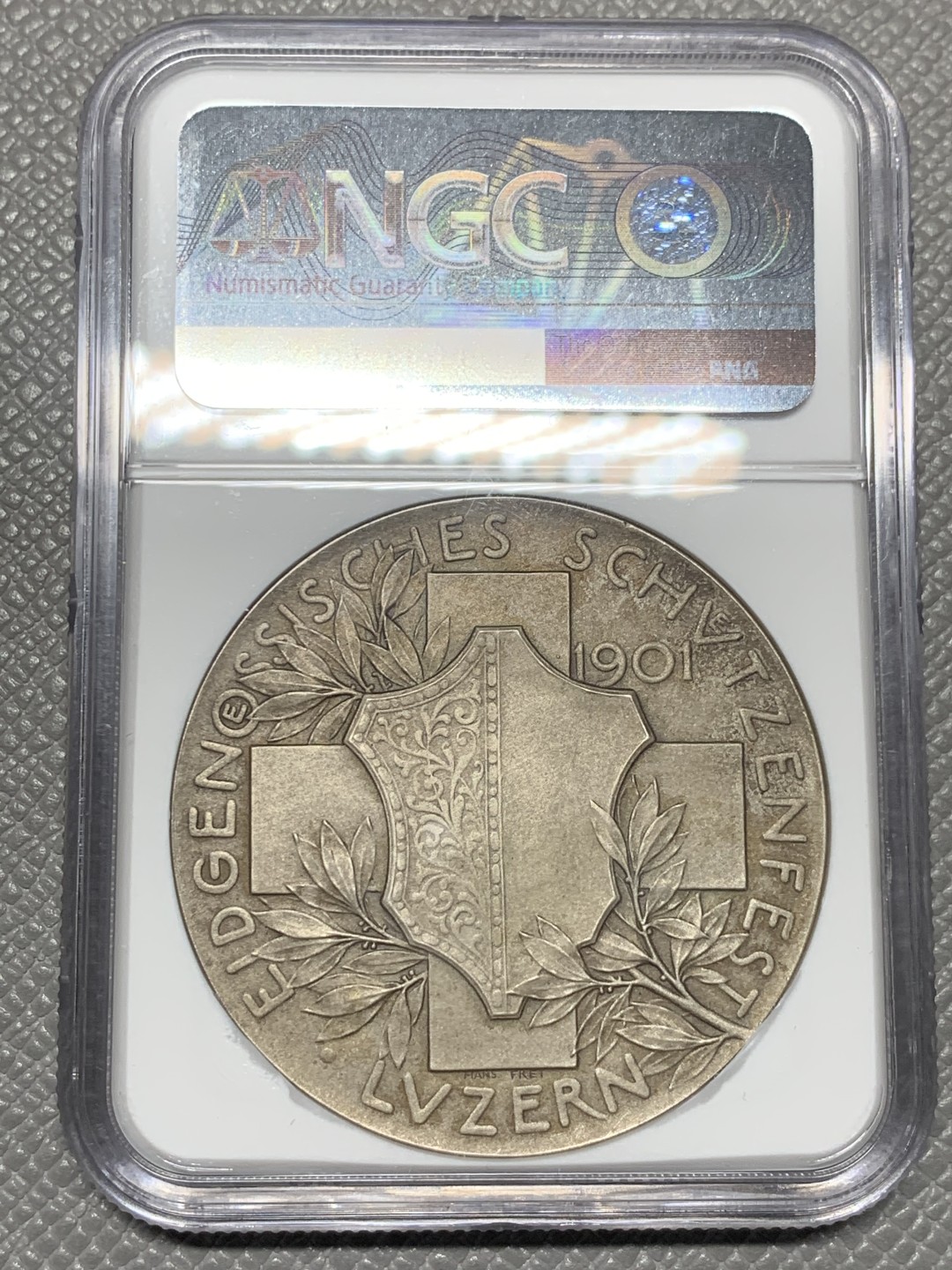 《竞宝斋》第121场-周日，周一 ，2场连拍（全场包邮） NGC MS62 瑞士1901 卢塞尔射击节银章 状态非常好的一枚