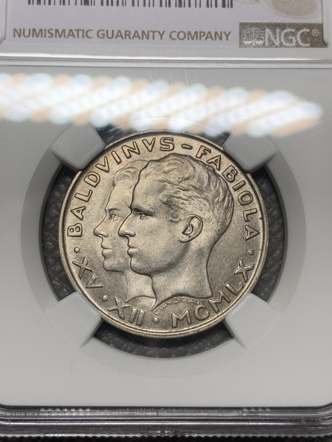 《竞宝斋》第121场-周日，周一 ，2场连拍（全场包邮） NGC-MS64 比利时1960年 金婚纪念 50法郎银币 顶级好品