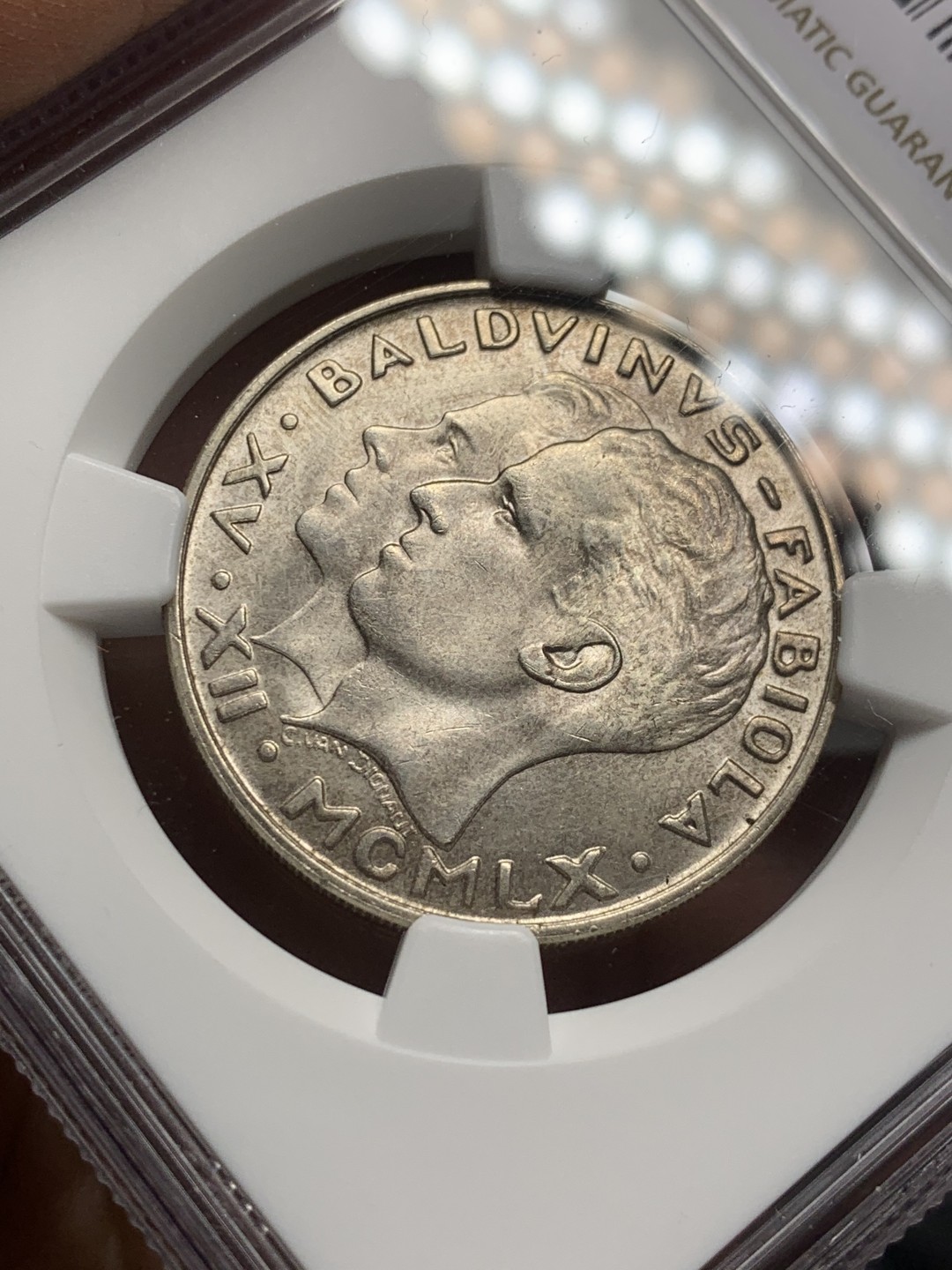 《竞宝斋》第121场-周日，周一 ，2场连拍（全场包邮） NGC-MS64 比利时1960年 金婚纪念 50法郎银币 顶级好品