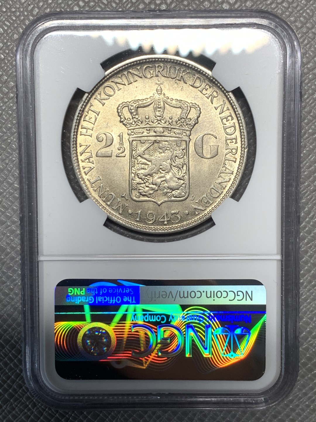 《竞宝斋》第121场-周日，周一 ，2场连拍（全场包邮） NGC-MS62 荷属东印度 1943年 威廉米娜女王2.5盾大银币 殖民地银币暴涨系列