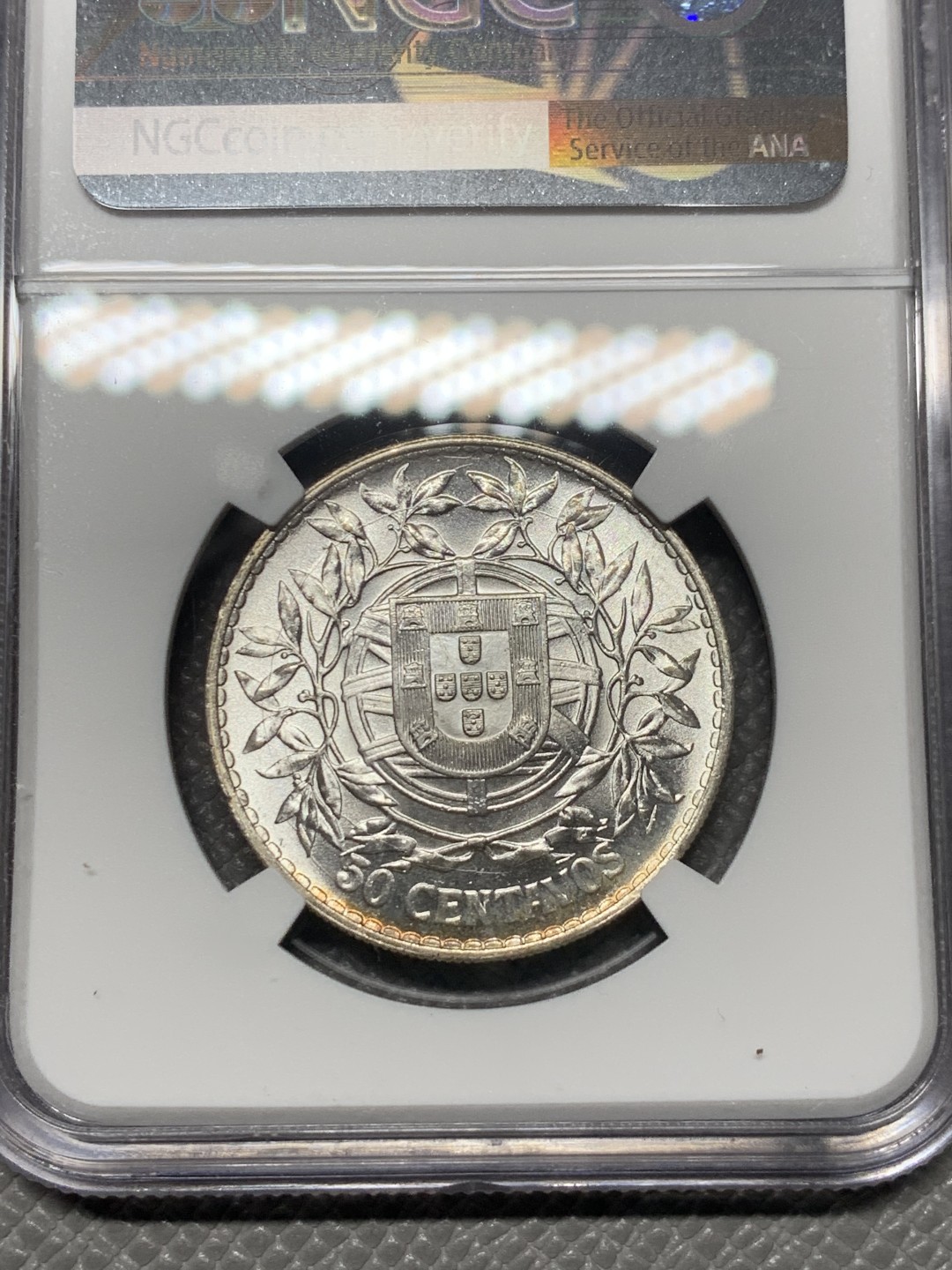 《竞宝斋》第121场-周日，周一 ，2场连拍（全场包邮） NGC-MS63 葡萄牙1916年 自由女神 50分银币 顶级品相