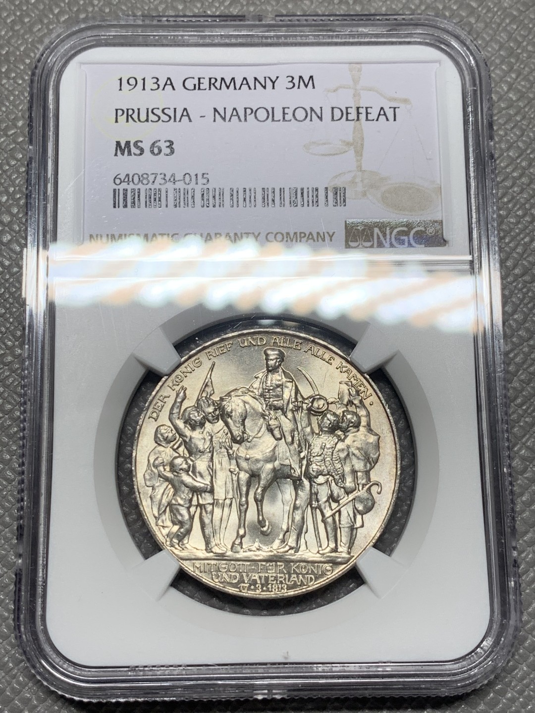 《竞宝斋》第121场-周日，周一 ，2场连拍（全场包邮） NGC-MS63 德国普鲁士 1913年 普法战争纪念 3马克银币 原光好品