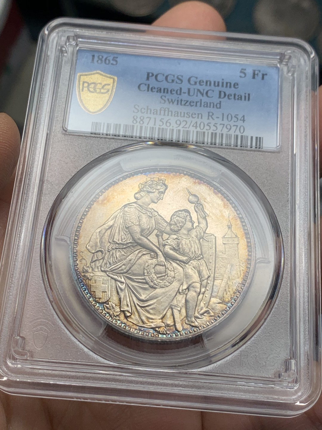 《竞宝斋》第121场-周日，周一 ，2场连拍（全场包邮） PCGS UNC 瑞士1865年 沙夫豪森狩猎节大银币 彩的无以复加 太好看了，色迷心窍的感觉 见图见视频