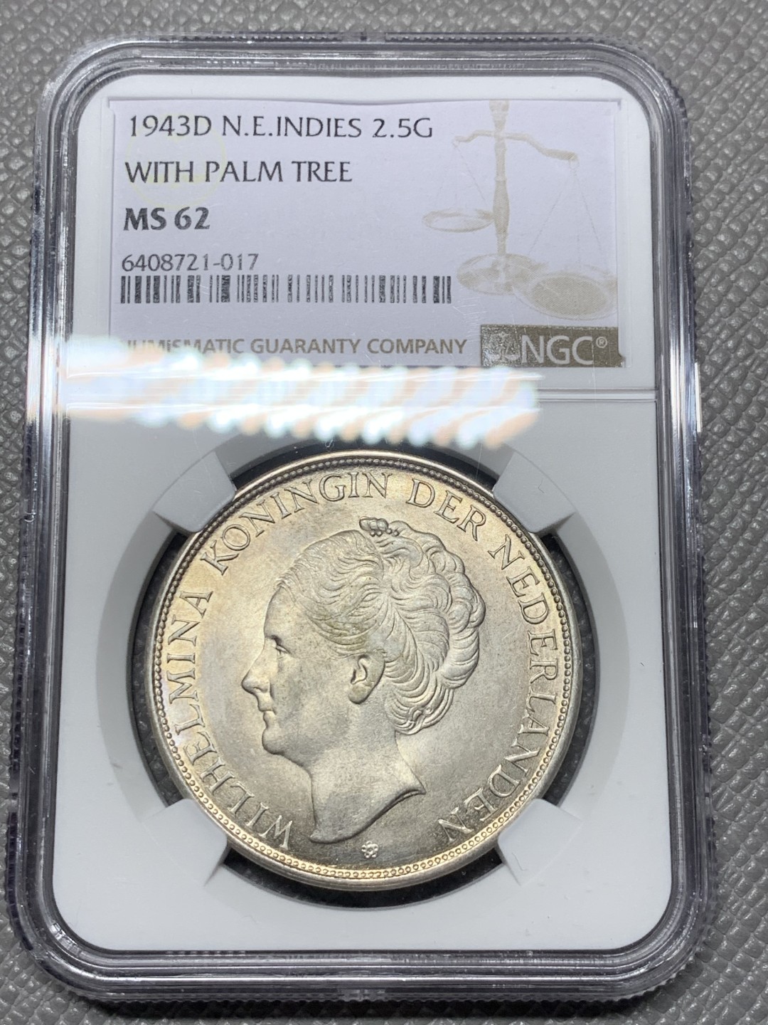 《竞宝斋》第121场-周日，周一 ，2场连拍（全场包邮） NGC-MS62 荷属东印度 1943年 威廉米娜女王2.5盾大银币 殖民地银币暴涨系列