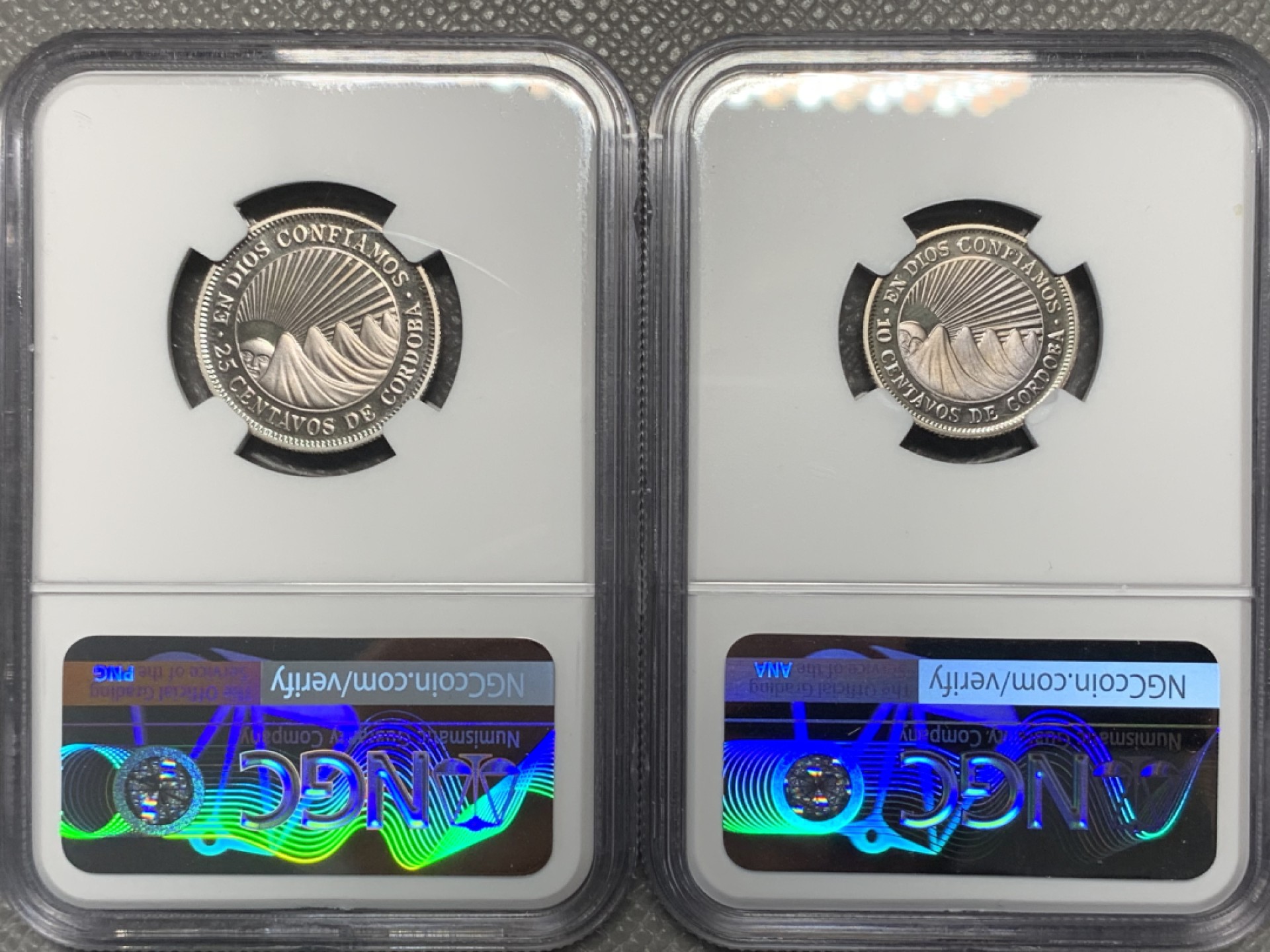 《竞宝斋》第121场-周日，周一 ，2场连拍（全场包邮） 五枚全套NGC-PF66 尼加拉瓜1972年 五岳精制币 其中5分是错版 非常非常稀少