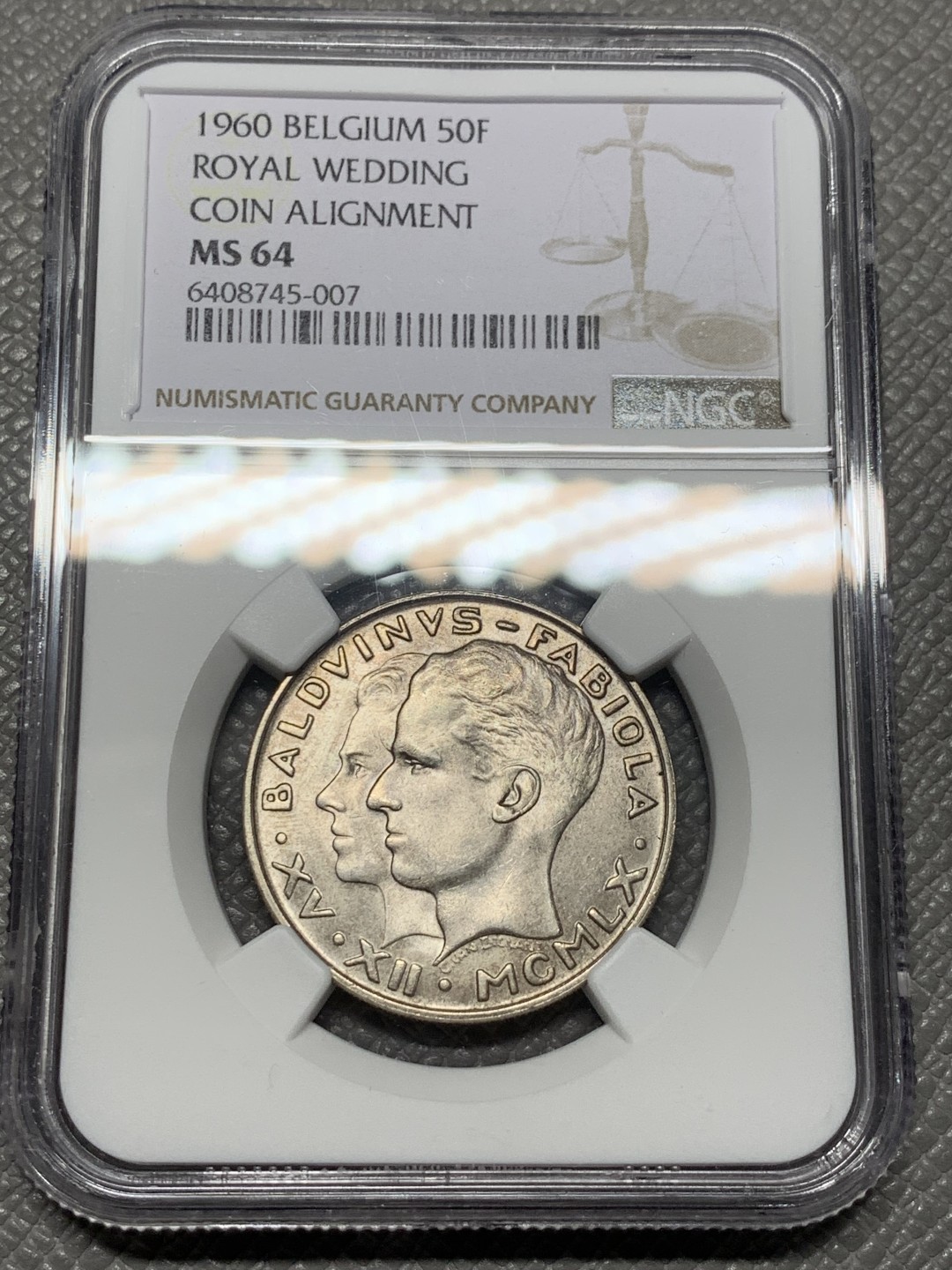 《竞宝斋》第121场-周日，周一 ，2场连拍（全场包邮） NGC-MS64 比利时1960年 金婚纪念 50法郎银币 顶级好品