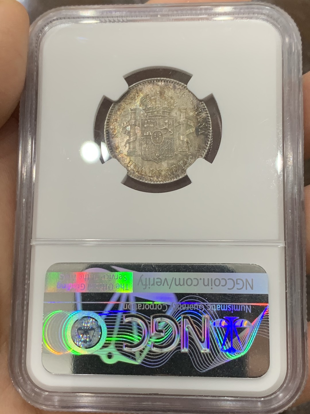 《竞宝斋》第121场-周日，周一 ，2场连拍（全场包邮） NGC MS63 西班牙 1900 阿方索十三世 1比塞塔 银币 正反深五彩 比起5P 少见太多 这枚太漂亮