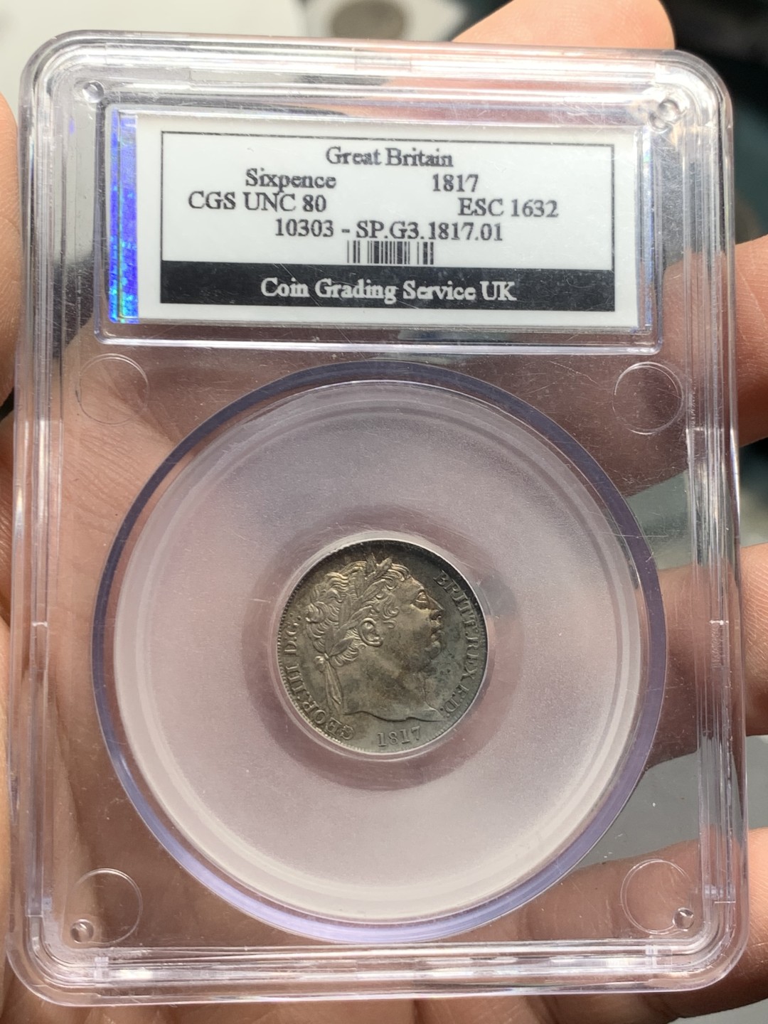 《竞宝斋》第121场-周日，周一 ，2场连拍（全场包邮） 英国 本土评级CGS UNC80  1817年 乔三 6便士银币 深彩包浆细节好