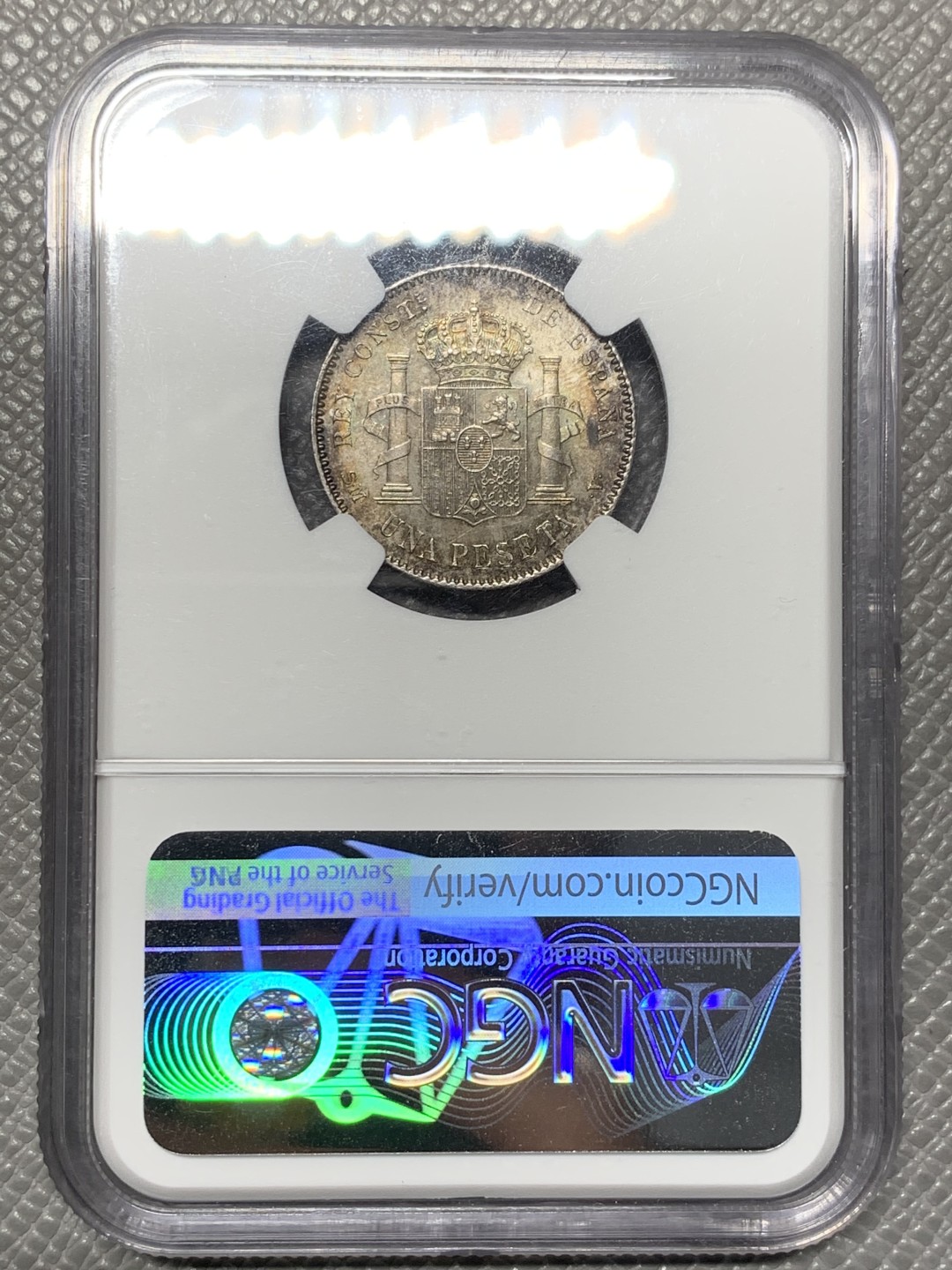 《竞宝斋》第121场-周日，周一 ，2场连拍（全场包邮） NGC MS63 西班牙 1900 阿方索十三世 1比塞塔 银币 正反深五彩 比起5P 少见太多 这枚太漂亮