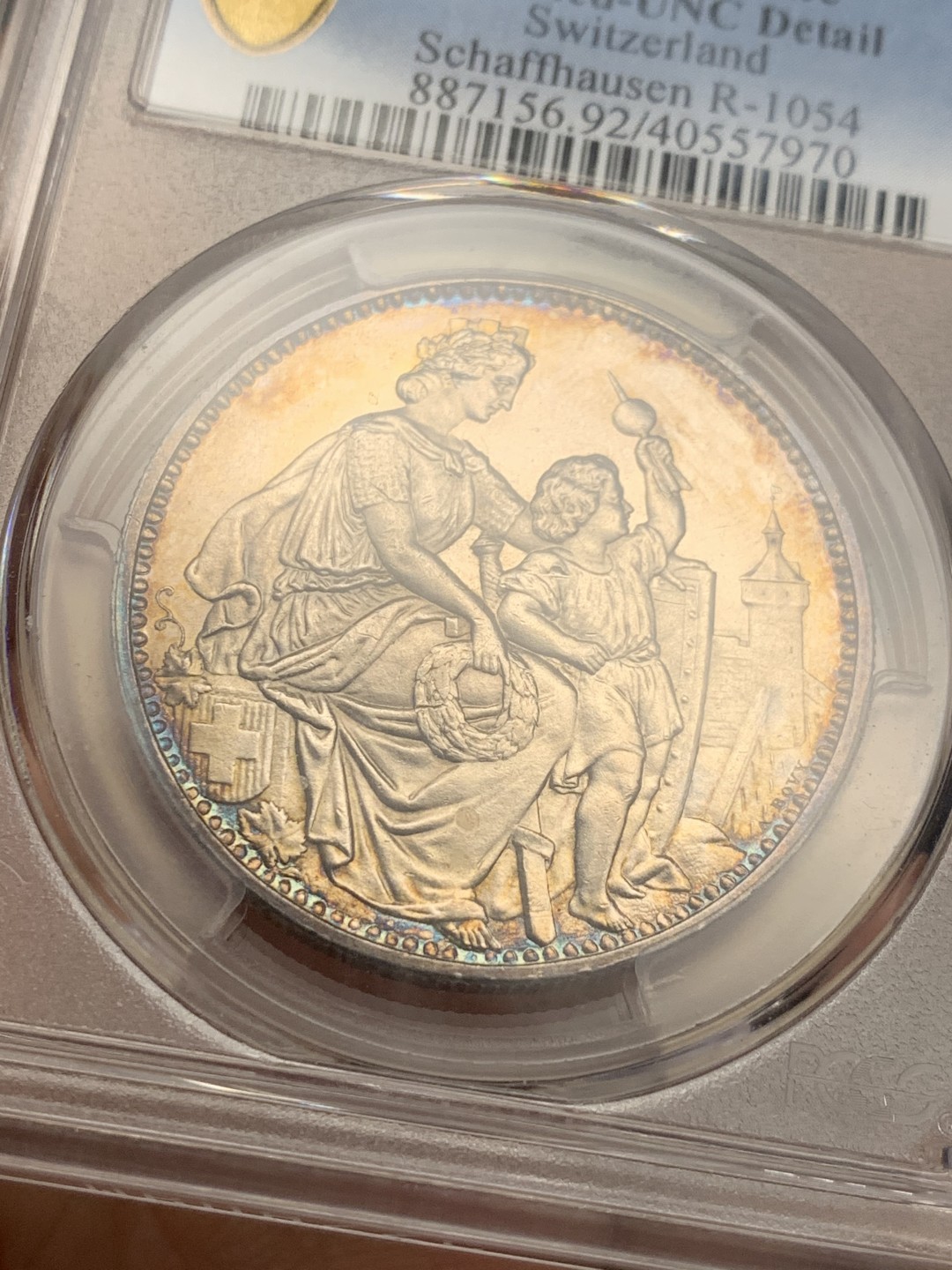 《竞宝斋》第121场-周日，周一 ，2场连拍（全场包邮） PCGS UNC 瑞士1865年 沙夫豪森狩猎节大银币 彩的无以复加 太好看了，色迷心窍的感觉 见图见视频