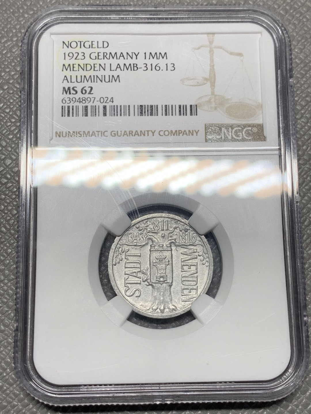 《竞宝斋》第121场-周日，周一 ，2场连拍（全场包邮） NGC MS62 1923年德国德紧门登1百万马克铝币 德紧名品