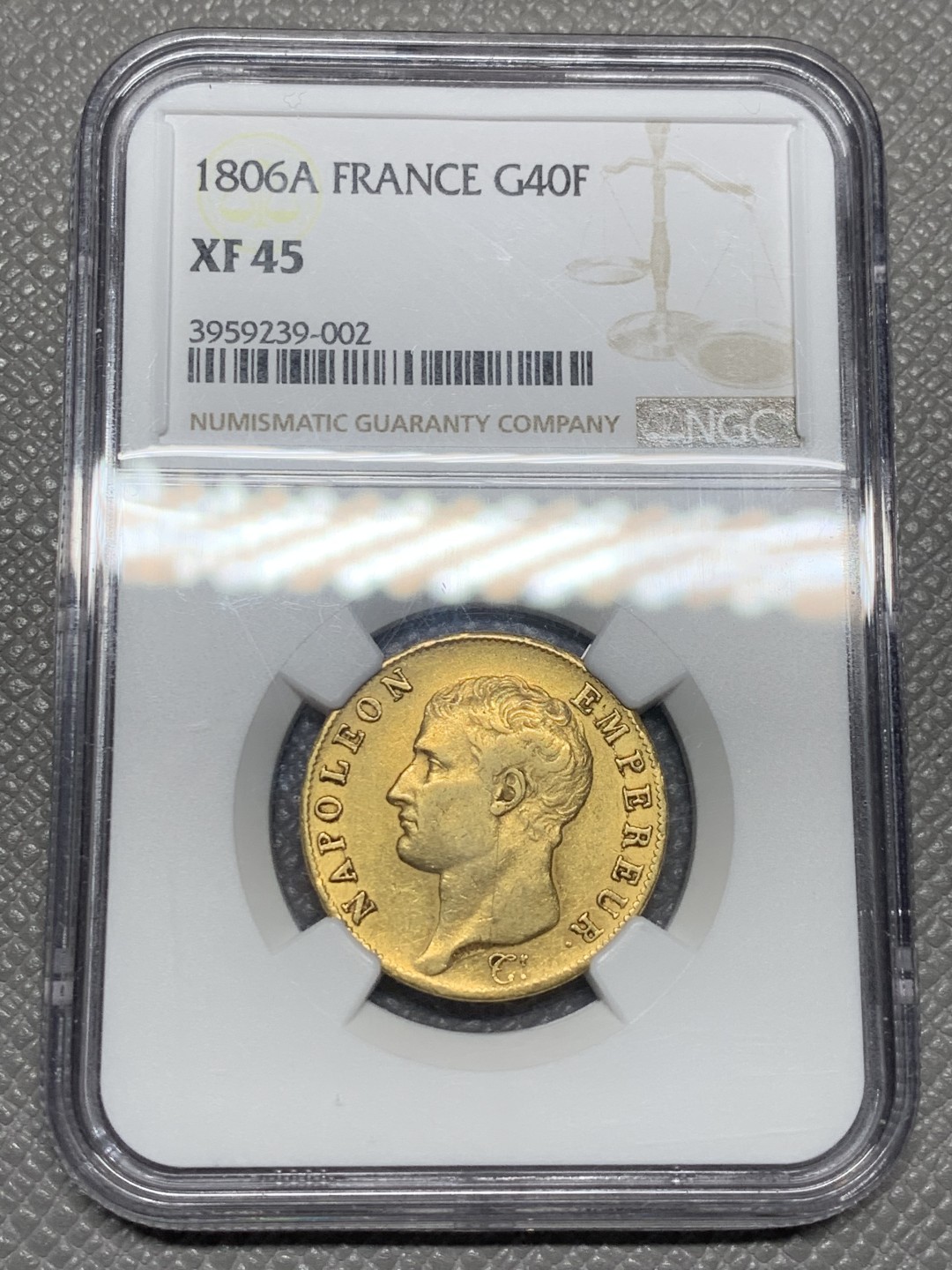 《竞宝斋》第121场-周日，周一 ，2场连拍（全场包邮） NGC-XF45 1806年法国拿破仑40法郎金币 12.9克 无桂冠皇帝头配法兰西共和国版，少见的版本