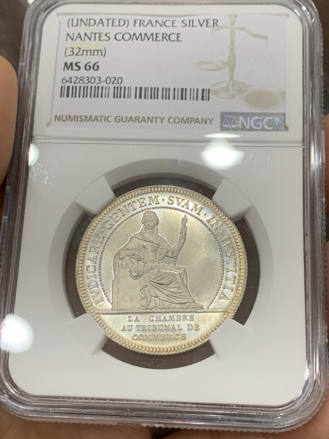 《竞宝斋》第121场-周日，周一 ，2场连拍（全场包邮） NGC MS66 19世纪法国南特商会银章 原光顶级品相