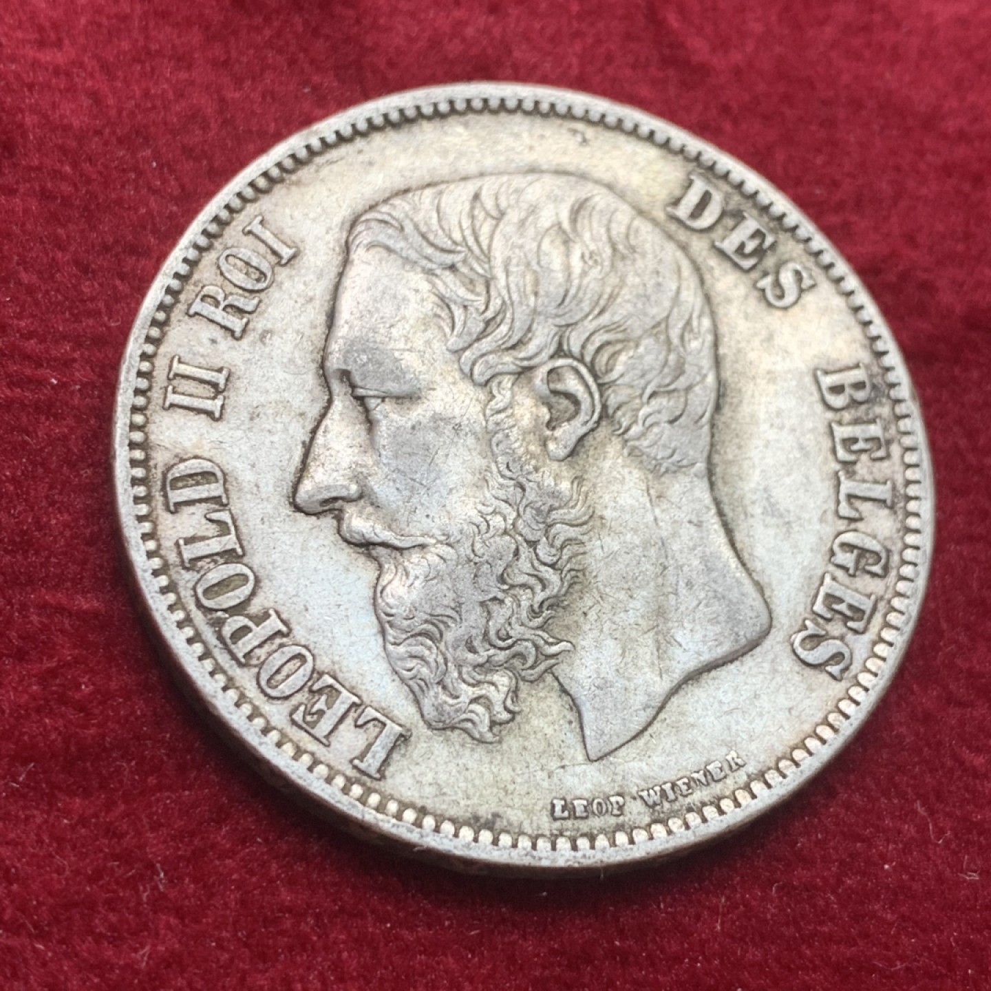 《竞宝斋》第121场-周日，周一 ，2场连拍（全场包邮） 比利时 利奥波德二世 1870年 5法郎银币 原味包浆 不多的年份