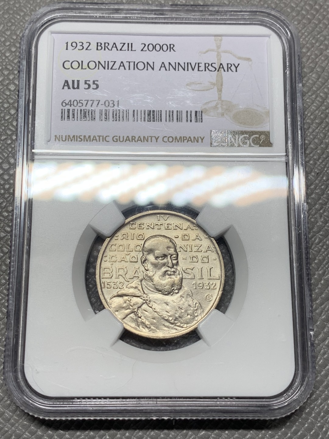 《竞宝斋》第121场-周日，周一 ，2场连拍（全场包邮） NGC-AU55 巴西 1932年 巴西殖民400周年纪念2000瑞斯 银币 少见品种