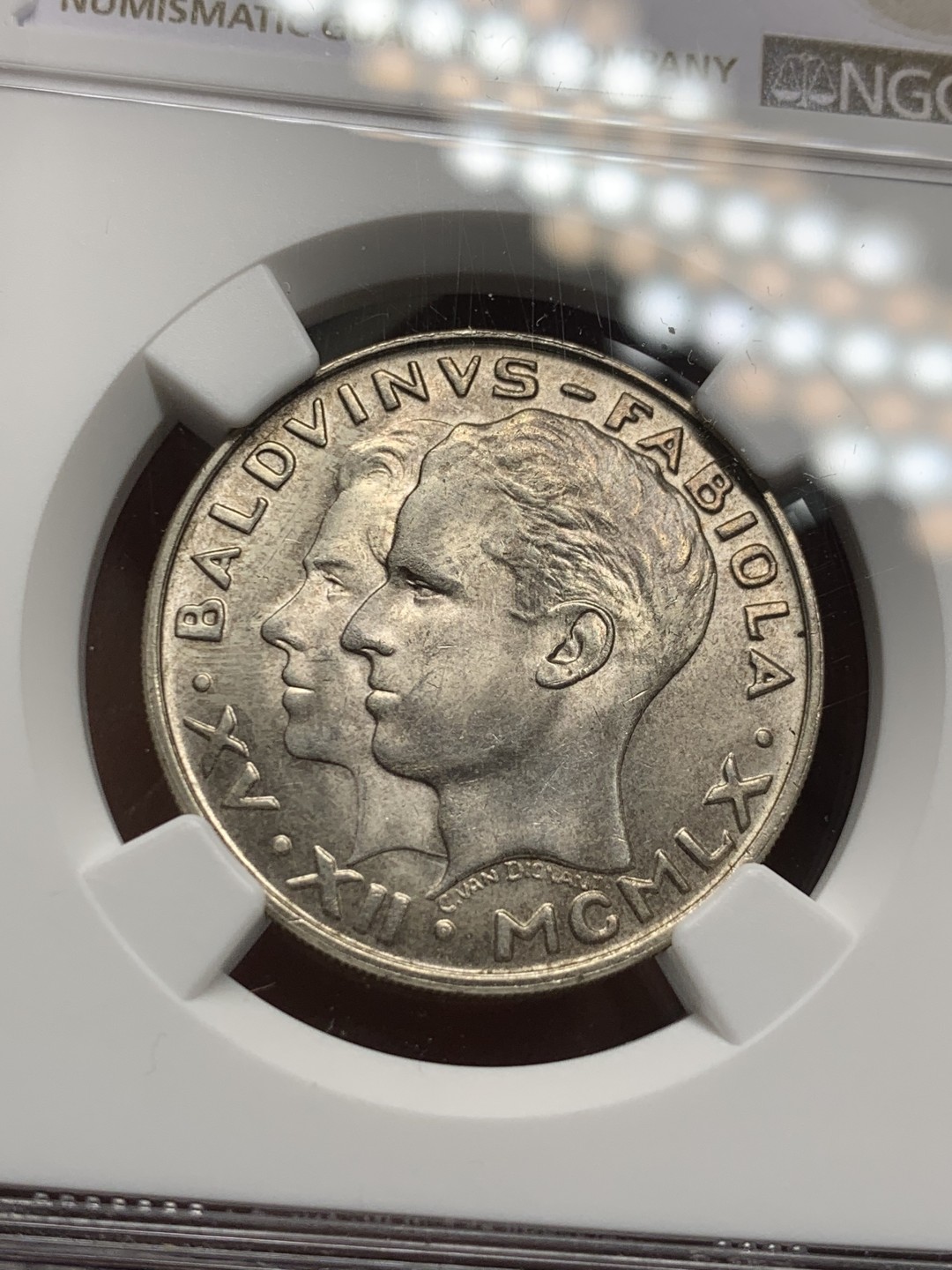 《竞宝斋》第121场-周日，周一 ，2场连拍（全场包邮） NGC-MS64 比利时1960年 金婚纪念 50法郎银币 顶级好品