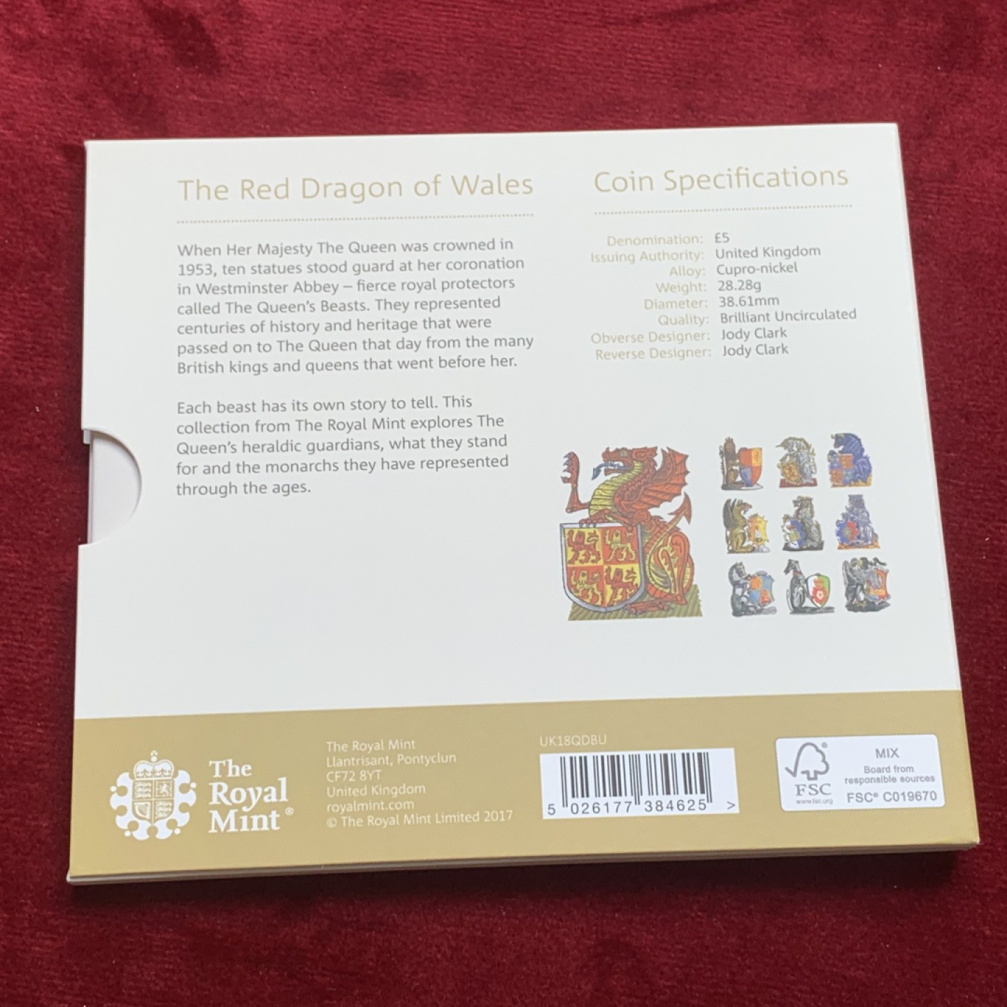《竞宝斋》第121场-周日，周一 ，2场连拍（全场包邮） 卡册 英国2018年 英国5镑克朗型纪念币BU，威斯敏斯特十野兽之一（威尔士红龙）铜镍合金，重28.28g