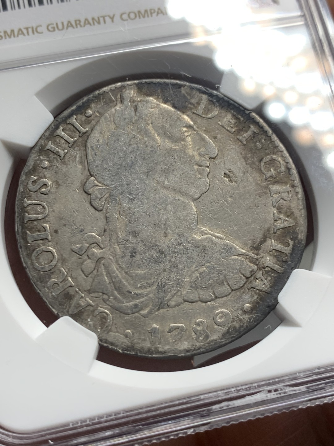 《竞宝斋》第121场-周日，周一 ，2场连拍（全场包邮） NGC F 墨西哥 1789年 卡三 双柱 大银币 不错的品种