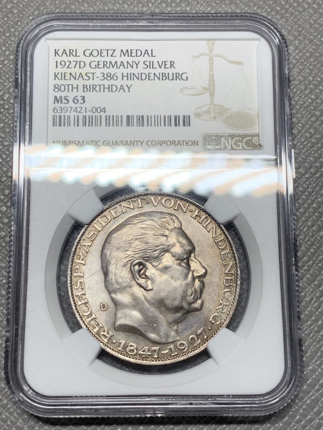 《竞宝斋》第121场-周日，周一 ，2场连拍（全场包邮） NGC-MS63 德国 1927年 兴登堡五马克形制银章 通体丝绸光，雕刻大师卡尔哥茨作品