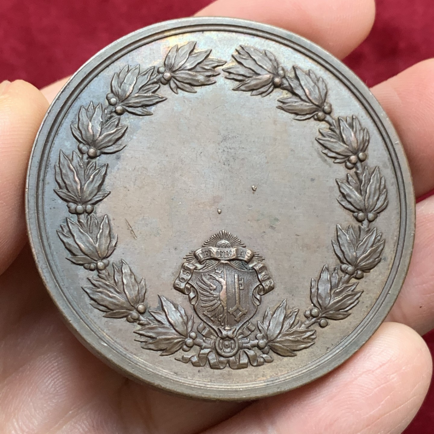 《竞宝斋》第121场-周日，周一 ，2场连拍（全场包邮） 瑞士共和国 1879年左右 日内瓦音乐节 铜质奖章 巧克力包浆 细节好 53.4mm 77.7克大规格 目录编号SM 1603