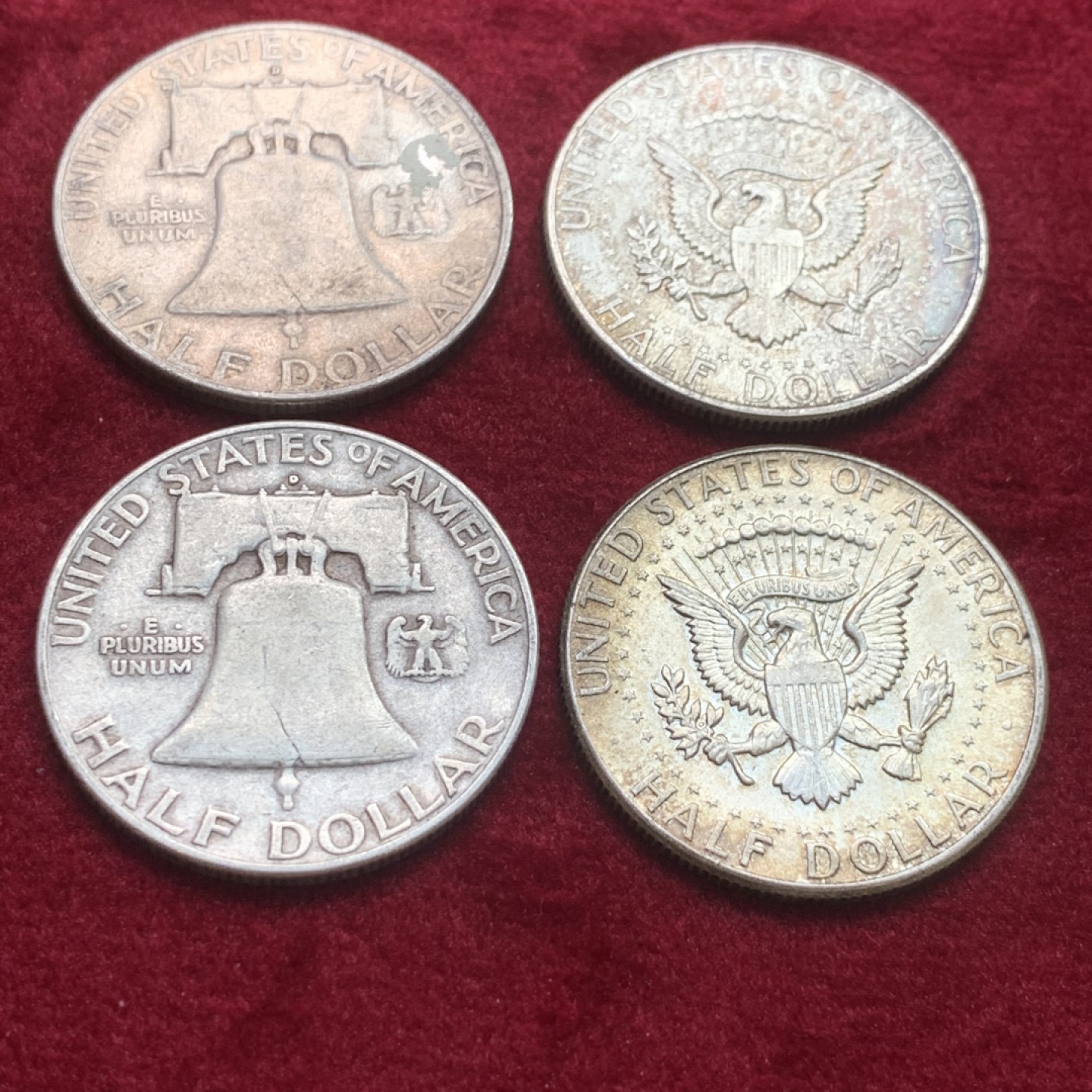 《竞宝斋》第121场-周日，周一 ，2场连拍（全场包邮） 美国900银 银币4枚 2枚富兰克林半美元，2枚肯尼迪半美元 单枚12.5克 都是高银版 合计50克900银