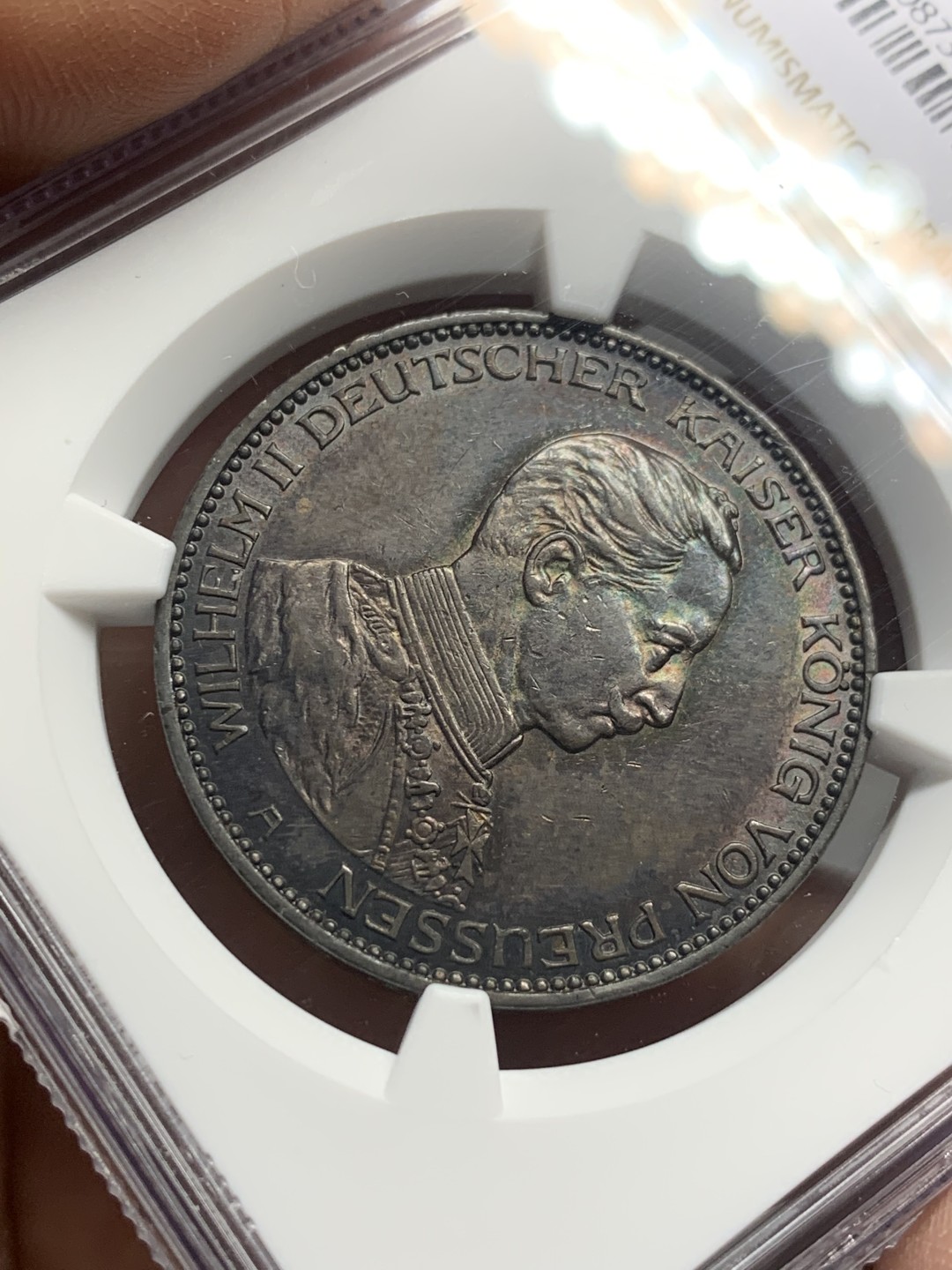 《竞宝斋》第121场-周日，周一 ，2场连拍（全场包邮） NGC-MS61 德国普鲁士1914年 军装版 3马克银币 深五彩包浆 顶级包浆