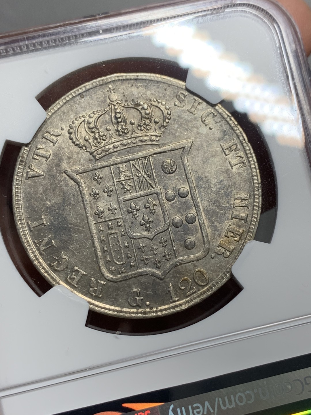 《竞宝斋》第121场-周日，周一 ，2场连拍（全场包邮） NGC-MS61 意大利-那不勒斯 1857年 120G 大银币 XF也不算多，这个MS61 很不错了