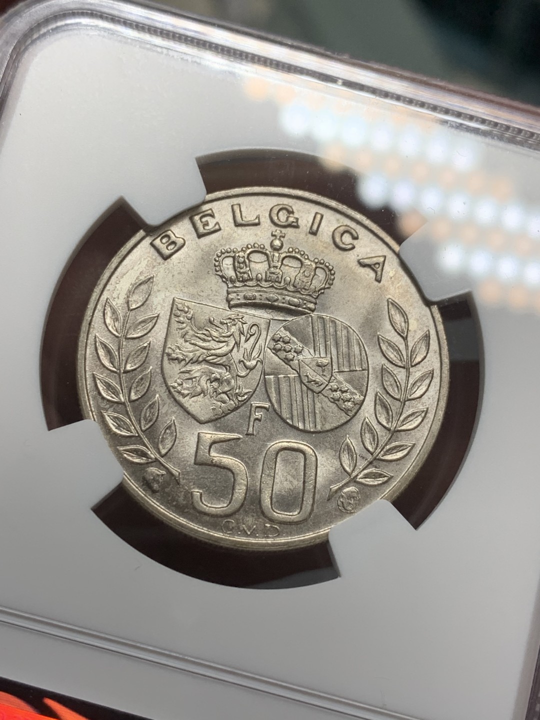 《竞宝斋》第121场-周日，周一 ，2场连拍（全场包邮） NGC-MS64 比利时1960年 金婚纪念 50法郎银币 顶级好品