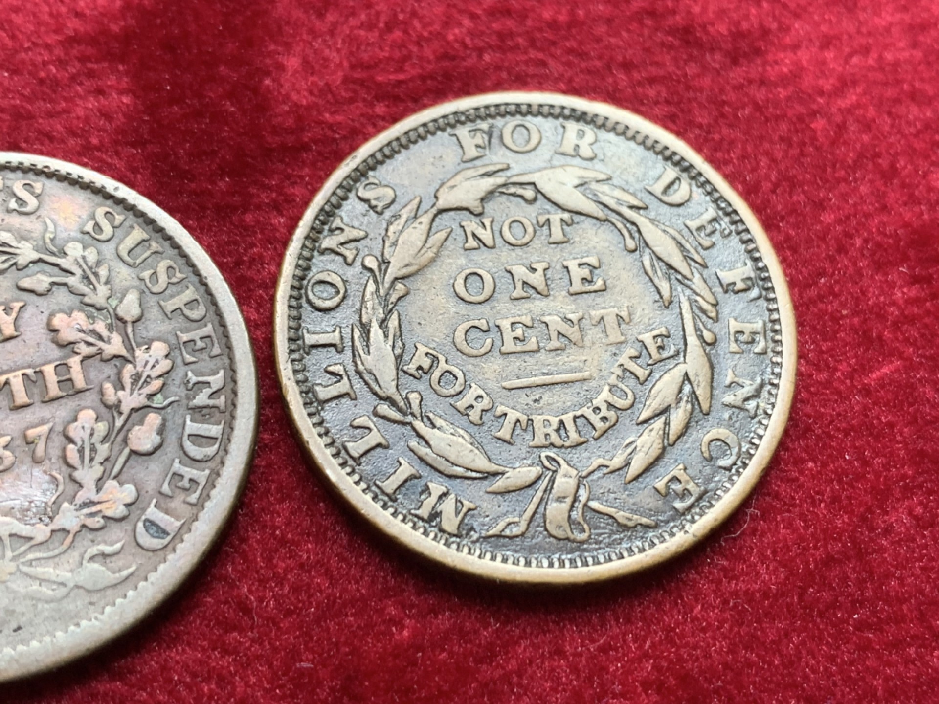 《竞宝斋》第121场-周日，周一 ，2场连拍（全场包邮） 美国代币一对 1837年 艰难时代 代用币 TOKEN非常 厚重，1837作为美国第一次大萧条的首年 细节见图 轻微不平