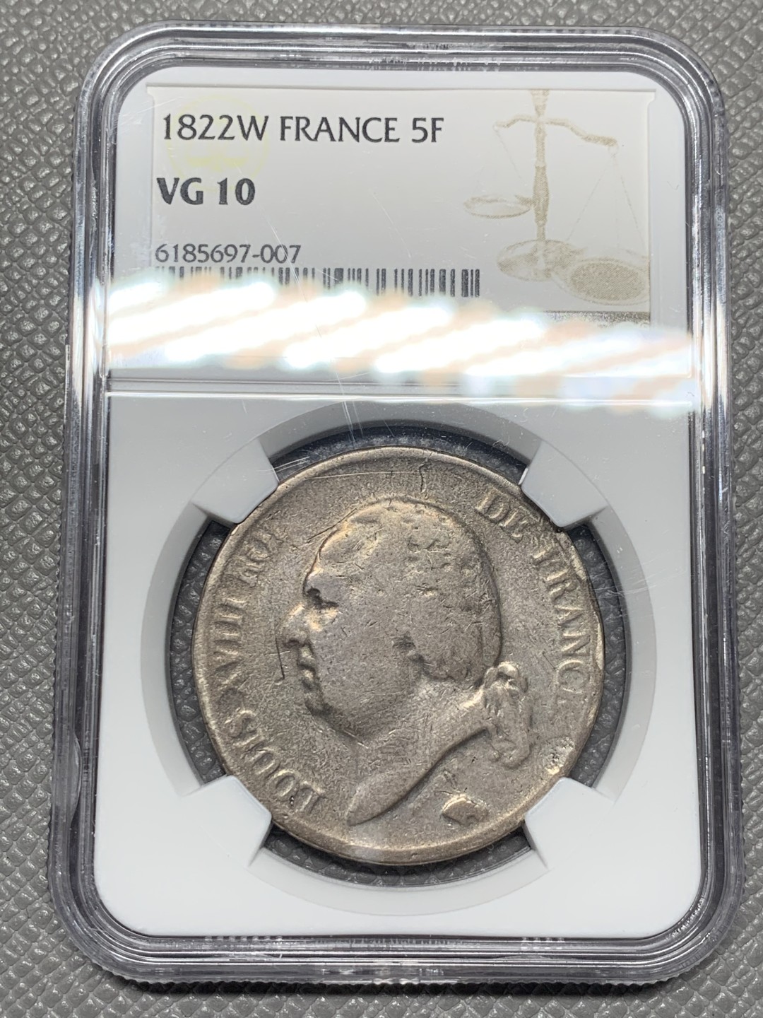 《竞宝斋》第121场-周日，周一 ，2场连拍（全场包邮） NGC VG10 法国 1822年W版 路易十八 5法郎银币 只能说难得低分  不错