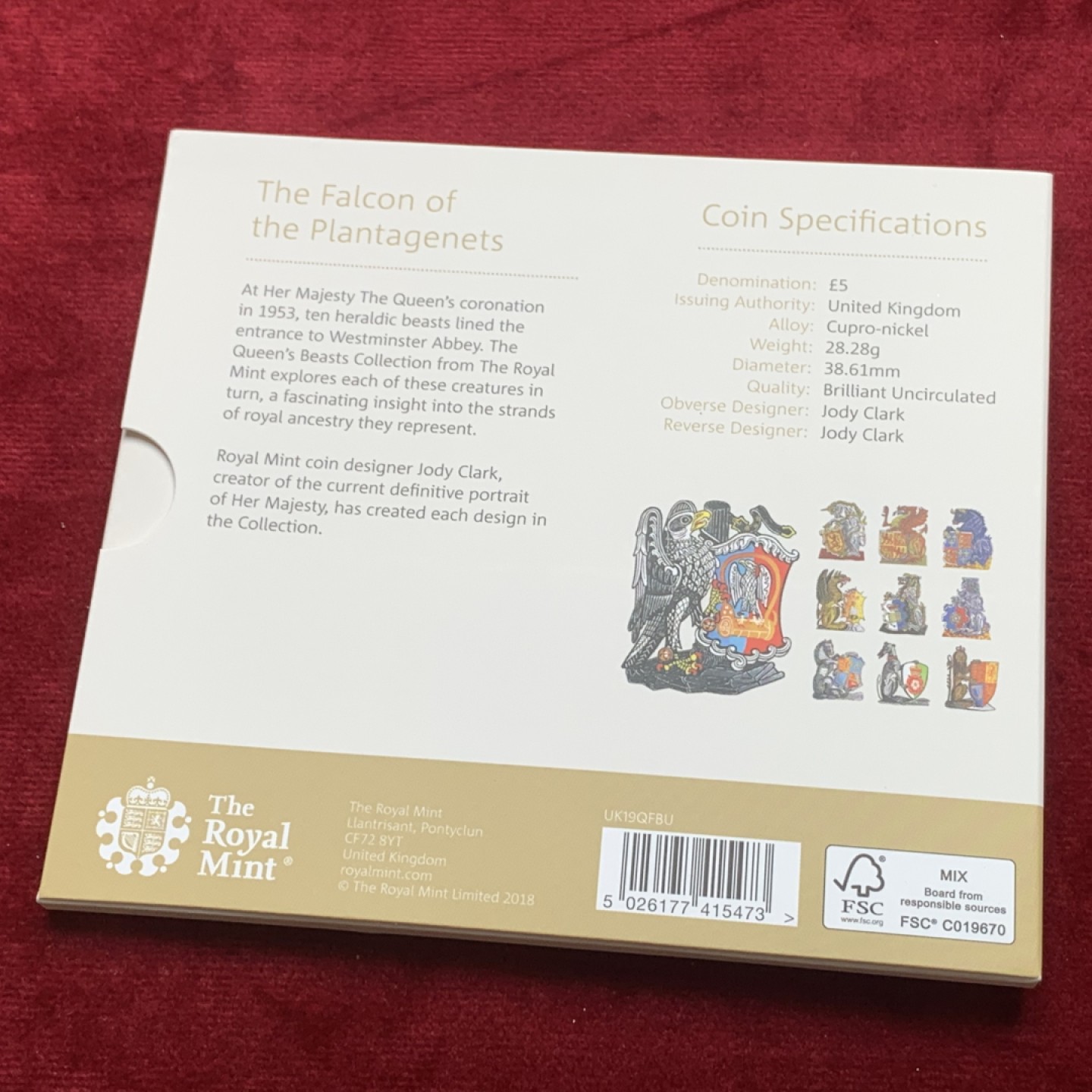 《竞宝斋》第121场-周日，周一 ，2场连拍（全场包邮） 卡册 英国2019年 英国5镑克朗型纪念币BU，威斯敏斯特十野兽之一（金雀花王朝的猎鹰）铜镍合金，重28.28g