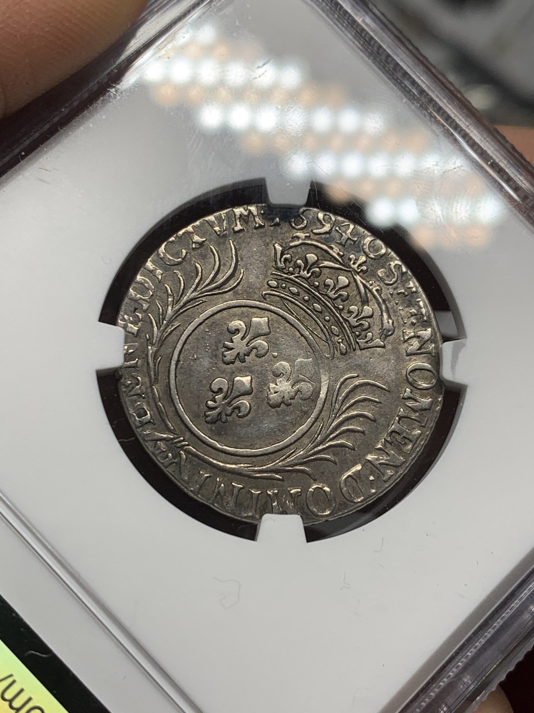 《竞宝斋》第121场-周日，周一 ，2场连拍（全场包邮） NGC XF 法国 1694年H版 路易十四 太阳王 1/4埃居 银币 这个比较少见 双面深打就更不容易了