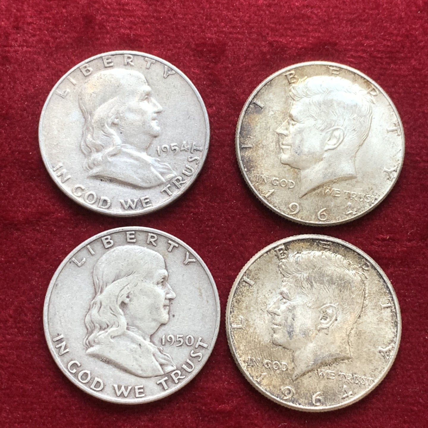 《竞宝斋》第121场-周日，周一 ，2场连拍（全场包邮） 美国900银 银币4枚 2枚富兰克林半美元，2枚肯尼迪半美元 单枚12.5克 都是高银版 合计50克900银